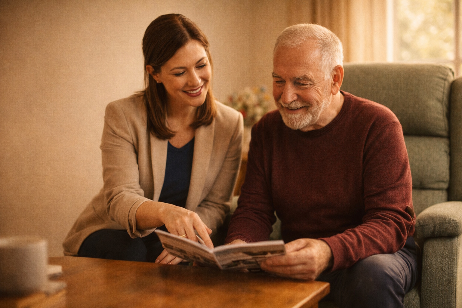 Friendly advisor discussing riser chair options with an older gentleman