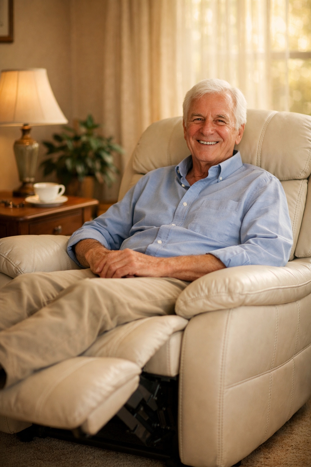 Gentleman relaxed in a cream leather riser recliner chair in a warm sunlit living room