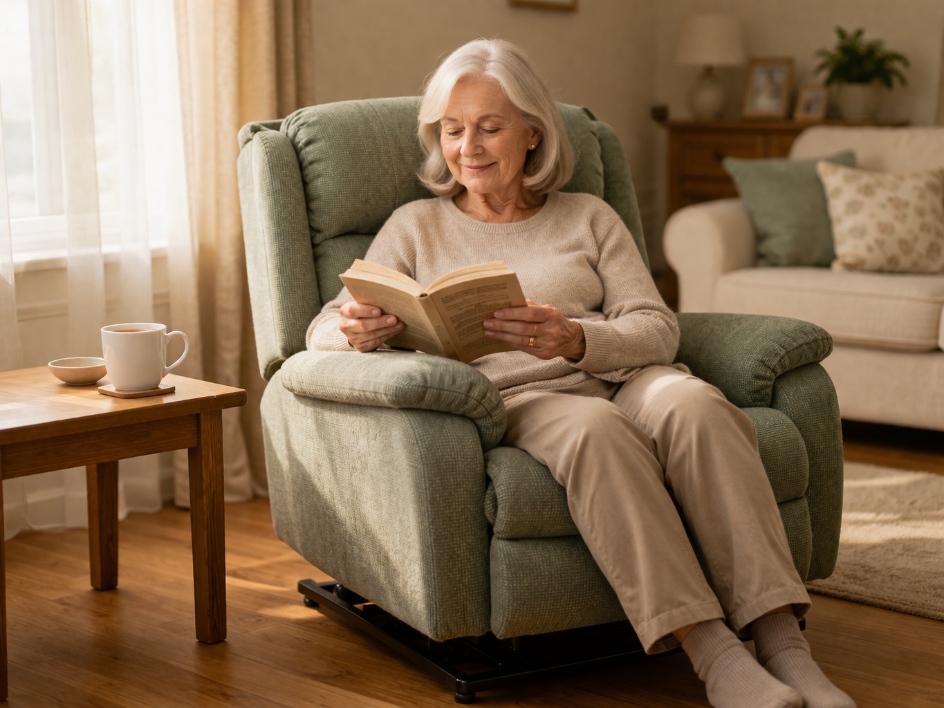 Senior woman relaxed in a riser recliner chair